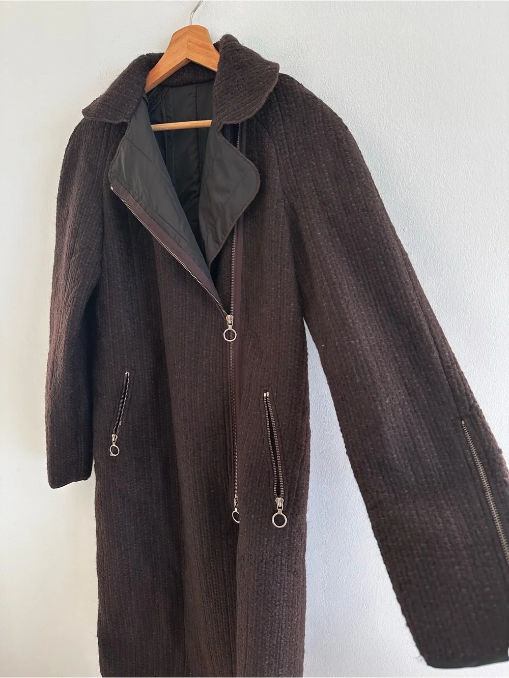 Cesare Fabbri Virgin Wool Coat Made in Italy Brown Moto Trench Style Medium